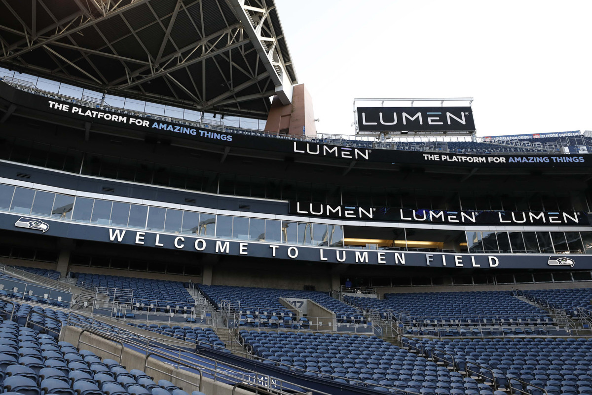 The view of empty seats at a Seahawks game at Lumen Field